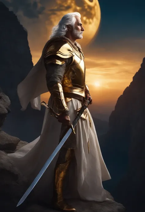 Tall white haired man with golden armor holding his glaive up with his right hand gazing at the moon on top of a cliff