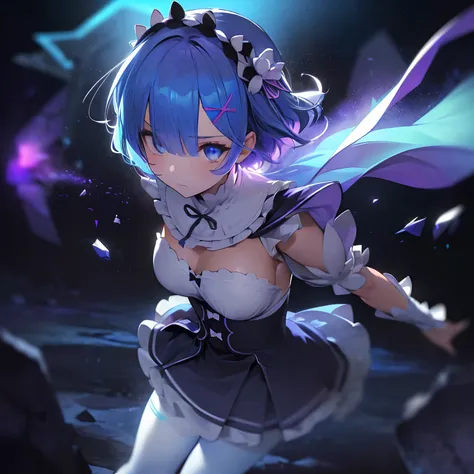 ((best quality)), ((masterpiece)), illustration, (detailed), isometric, (hexagon:1.2), (sharp:1.1), 1girl,  rem, rem (re:zero), cute, captivating pose, (light blue hair:1.1), short hair, (hair over one eye:1.1), blue eyes, medium breasts, roswaal mansion m...