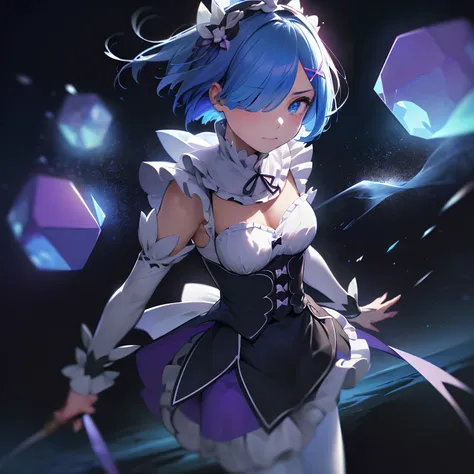 ((best quality)), ((masterpiece)), illustration, (detailed), isometric, (hexagon:1.2), (sharp:1.1), 1girl,  rem, rem (re:zero), cute, captivating pose, (light blue hair:1.1), short hair, (hair over one eye:1.1), blue eyes, medium breasts, roswaal mansion m...