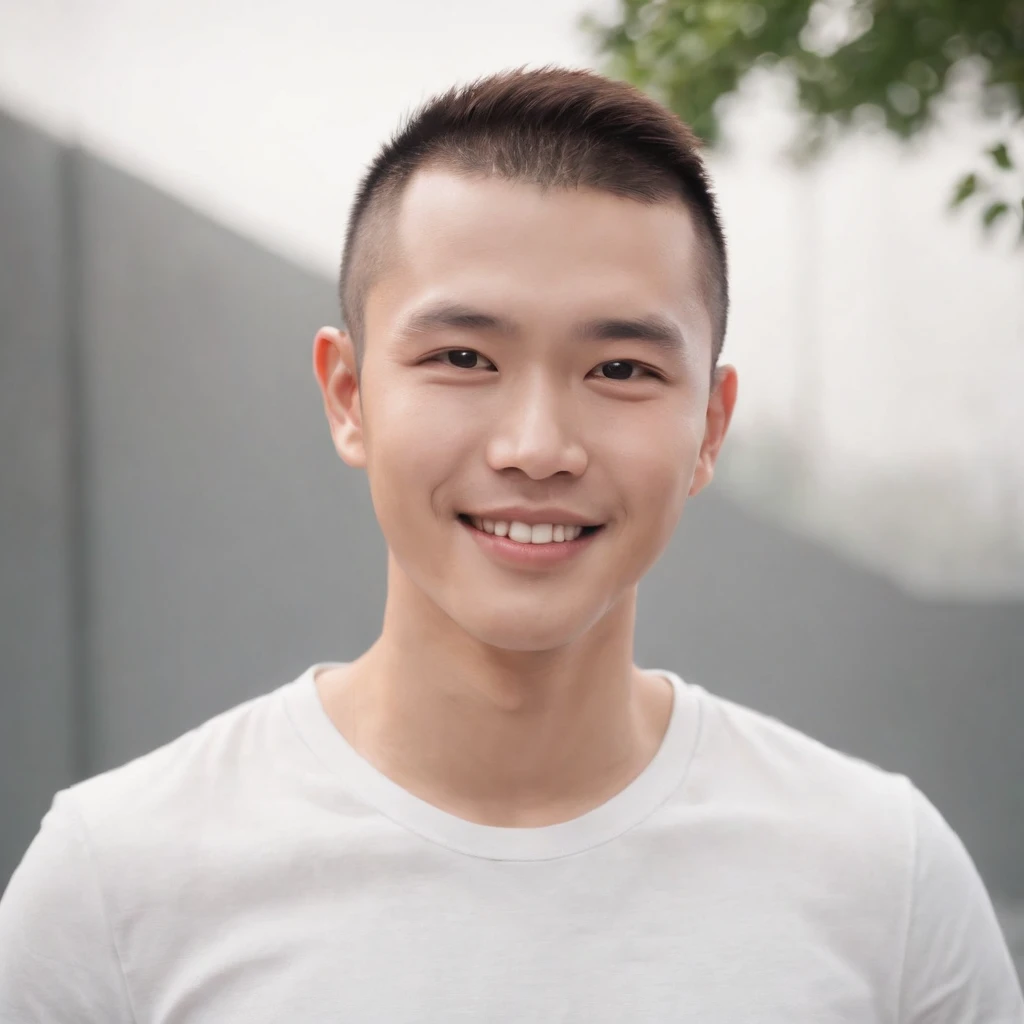 (Photo: 1.3) af (realistic: 1.3), East Asian man, buzz cut,soft light, clear face, front, ((white T-shirt)), cheerful, warm light, ((gray-white gradient background)), smile, (background)) ,avatar,(short hair),handsome,young,,short hair,((avatar))