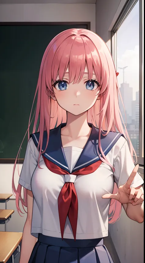 nodokaharamura, Haramura Notoka, Blue eyes, Hair accessories hair bye, Long hair, Pink hair, bow,
Break the blue skirt, Kiyosumi school uniform, Pleated skirt, school uniform, serafuku, Skirt,
BREAK looking at viewer,
Break indoors, Classroom,
Break (Maste...