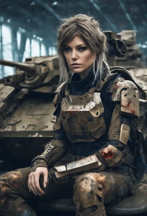 Beautiful hyperrealistic photograph of cute Young Swedish woman with Runic tattoos, ((dirty face Blood splattered)), (((wearing full heavy mecha armor, combat harness, Neon highlights))) Short Red and Blue Braids, (((sitting on a Futuristic Tank pose))), (...