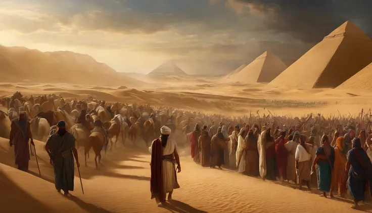 Moses Exodus from Egypt, With a lot of people, Millions, desert,Old gowns,,History reference,High-quality artwork and details,Realistic portrait style,Subtle color palette,vibrant background,natural textures,Deep Shadows,Subtle highlights,Historical accura...