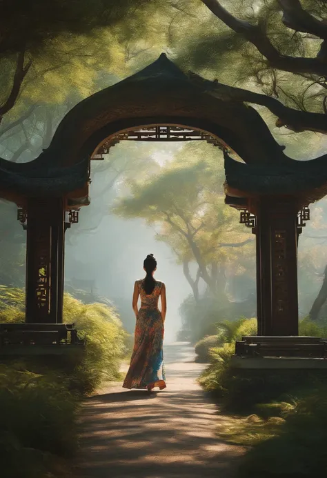 Perfect centering, Abstract beauty,A Chinese woman wearing a cheongsam walks through the Bailan Garden, Follow hidden trails. The camera should be located behind the woman, looking her shoulder. The scene should be suspenseful, The garden is tranquil and z...