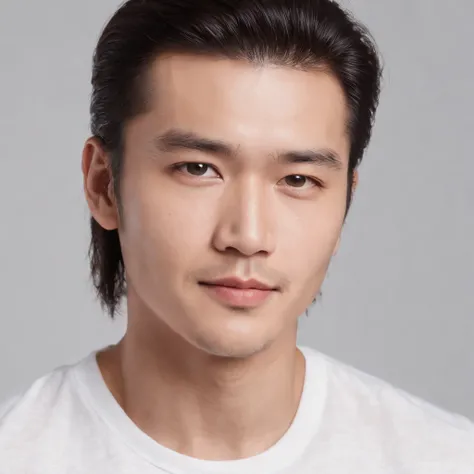 (Photo: 1.3) af (realistic: 1.3), East Asian man, ((mullet)),soft light, clear face, front, ((white T-shirt)), cheerful, warm light, ((gray-white gradient background)),(background)) ,avatar,(,handsome,young,((avatar))