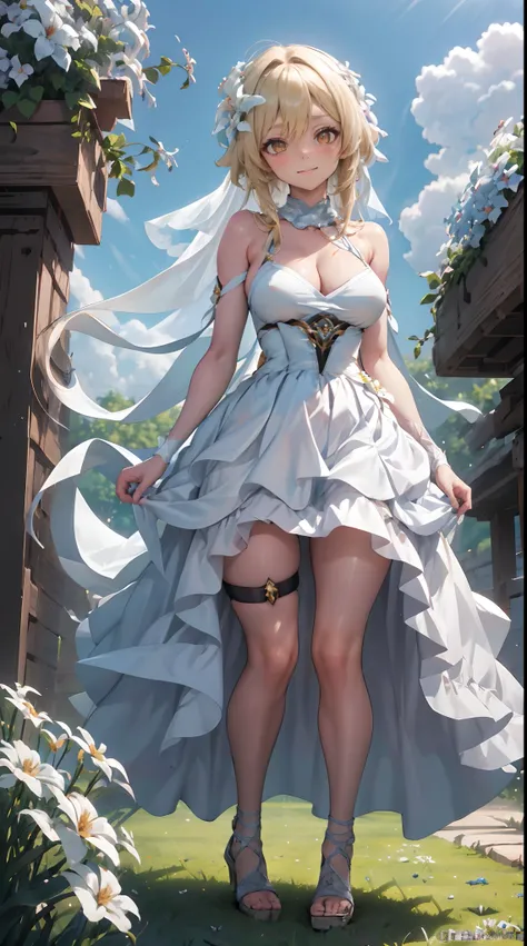 Lumine | genshin impact, master-piece, bestquality, 1girls,25 years old, proportional body, proportional., Wedding Dresses, White Wedding Dress, Long skirt, wedding, mediuml breasts, ,bara, Standing in the middle of a flower garden, outdoor, wedding, The s...