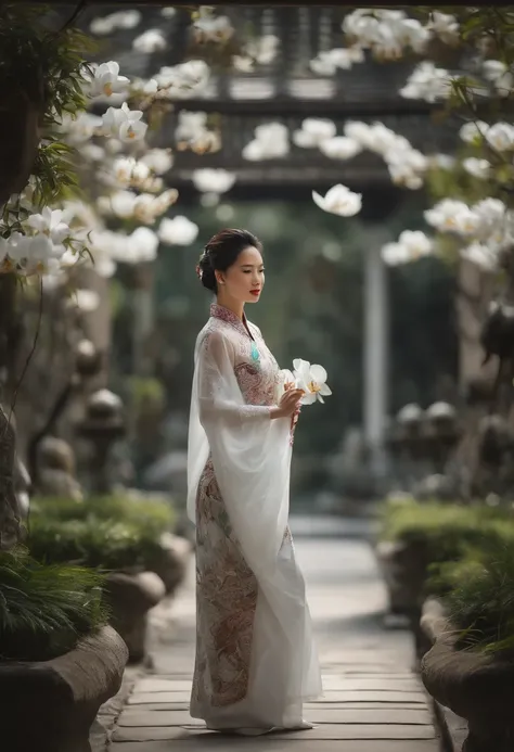 Perfect centering,The upper part of the body，Abstract beauty,A Chinese woman wearing a cold-colored cheongsam walks through the White Orchid Garden, Follow hidden trails. The camera should be located in front of the woman, looking her shoulder. The scene s...