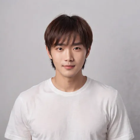 (Photo: 1.3) af (realistic: 1.3), East Asian man, ((Medium long hair with bangs)),soft light, clear face, front, ((white T-shirt)), cheerful, warm light, ((gray-white gradient background)),(background)) ,avatar,(,handsome,young,((avatar))