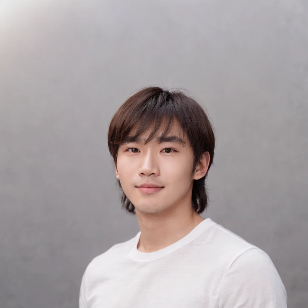 (Photo: 1.3) af (realistic: 1.3), East Asian man, ((Medium long hair with bangs)),soft light, clear face, front, ((white T-shirt)), cheerful, warm light, ((gray-white gradient background)),(background)) ,avatar,(,handsome,young,((avatar))