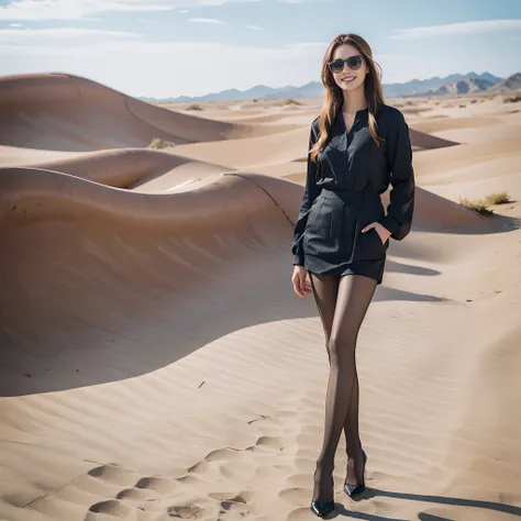 ((Best quality)), ((Masterpiece)), ((Realistic)), ((Best quality)), ((Masterpiece)), ((Realistic)), Girl walking in the desert, Look tired, Wear loose-fitting long-sleeved shirts and headwear, sunglasses, Very beautiful, At the level of the sight in a natu...