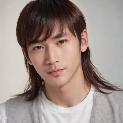 (Photo: 1.3) af (realistic: 1.3), East Asian man, ((Medium long hair with bangs)),soft light, clear face, front, ((white T-shirt)), cheerful, warm light, ((gray-white gradient background)),(background)) ,avatar,(,handsome,young,((avatar))