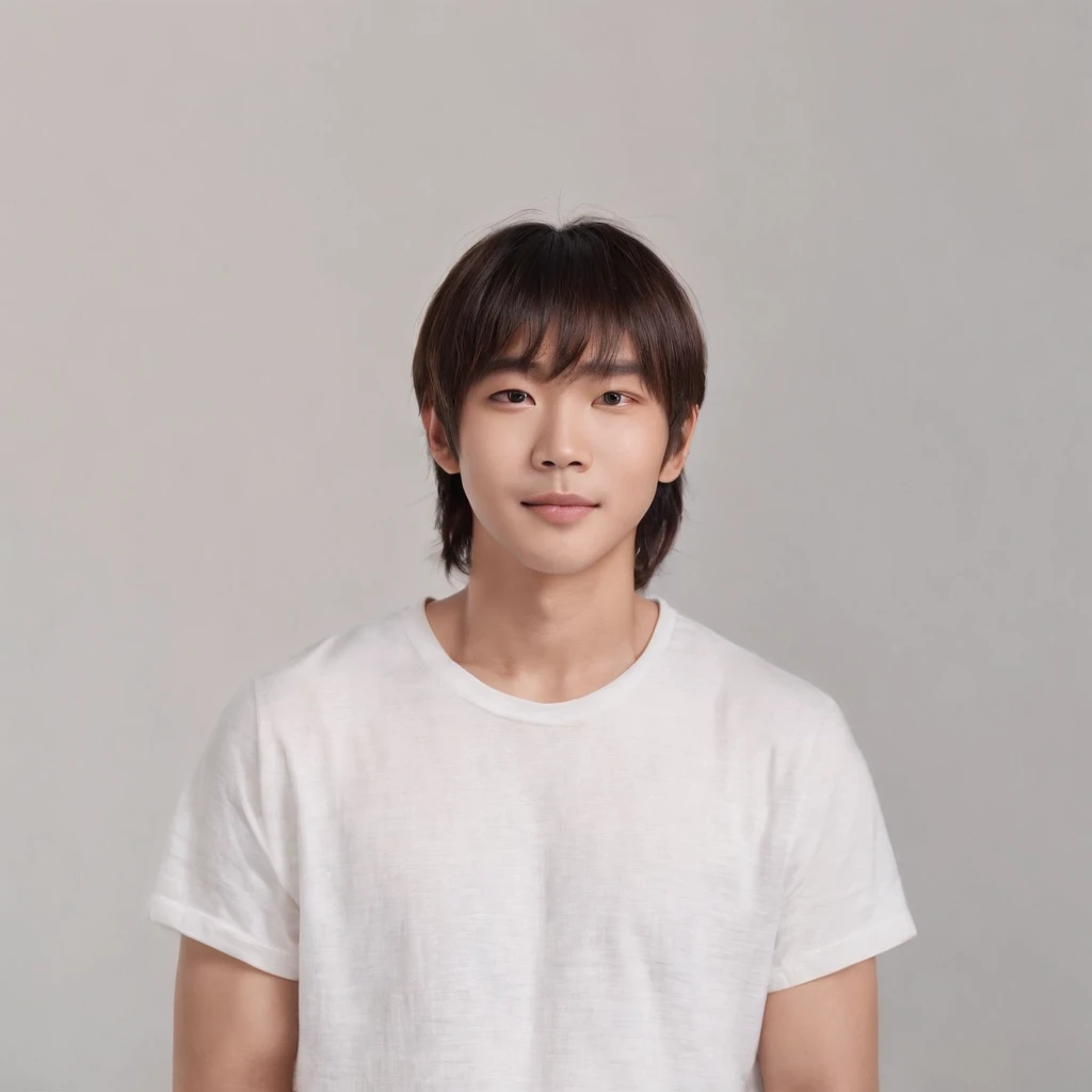 (Photo: 1.3) af (realistic: 1.3), East Asian man, ((Medium long hair with bangs)),soft light, clear face, front, ((white T-shirt)), cheerful, warm light, ((gray-white gradient background)),(background)) ,avatar,(,handsome,young,((avatar))