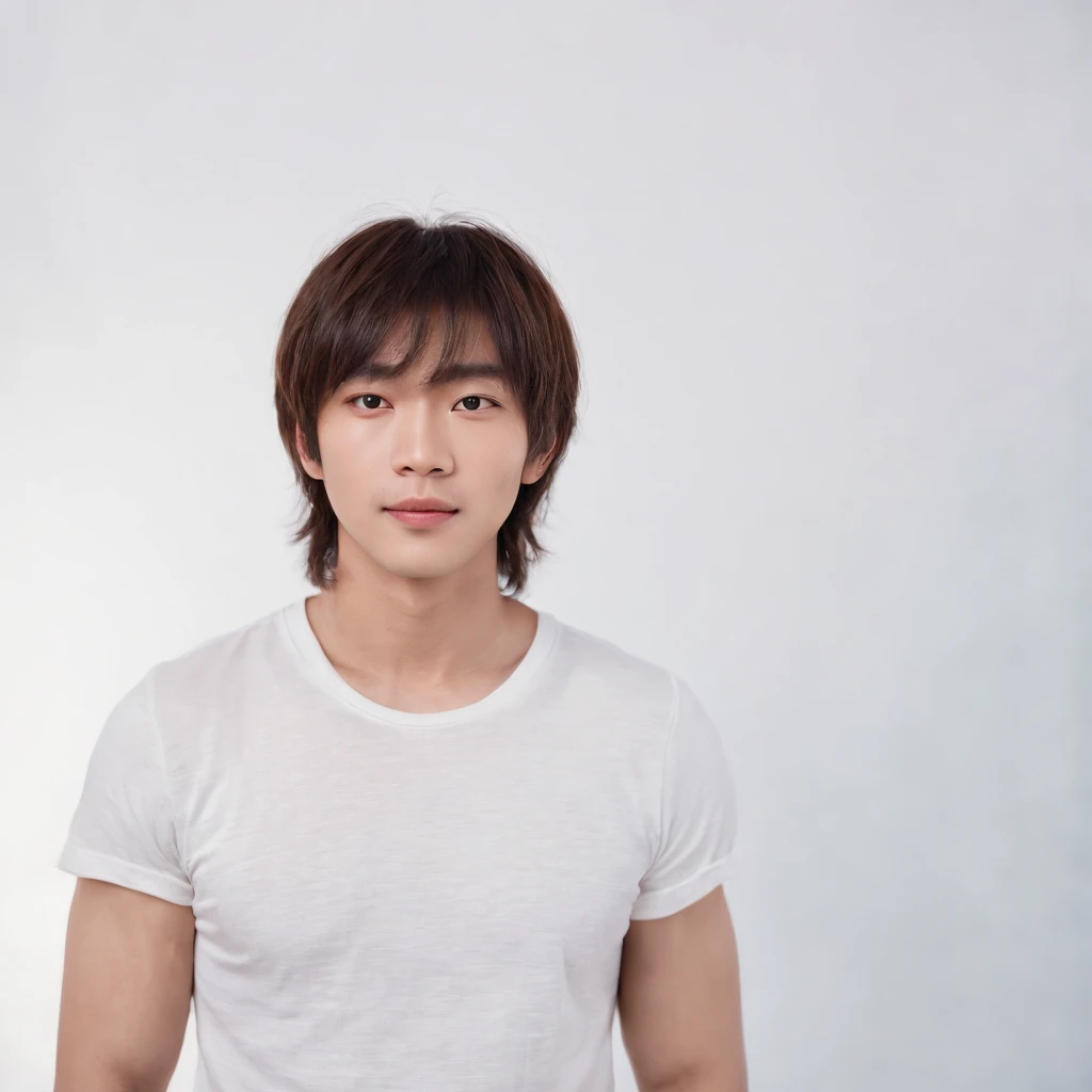 (Photo: 1.3) af (realistic: 1.3), East Asian man, ((Medium long hair with bangs)),soft light, clear face, front, ((white T-shirt)), cheerful, warm light, ((gray-white gradient background)),(background)) ,avatar,(,handsome,young,((avatar))