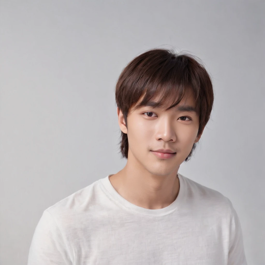 (Photo: 1.3) af (realistic: 1.3), East Asian man, ((Medium long hair with bangs)),soft light, clear face, front, ((white T-shirt)), cheerful, warm light, ((gray-white gradient background)),(background)) ,avatar,(,handsome,young,((avatar))