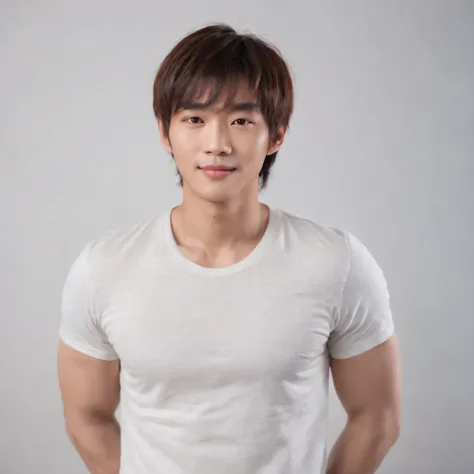 (Photo: 1.3) af (realistic: 1.3), East Asian man, ((Medium long hair with bangs)),soft light, clear face, front, ((white T-shirt)), cheerful, warm light, ((gray-white gradient background)),(background)) ,avatar,(,handsome,young,((avatar))