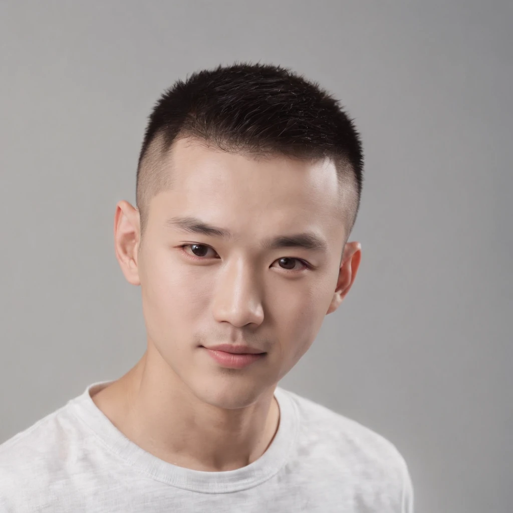 (Photo: 1.3) af (realistic: 1.3), East Asian man, ((skinhead)),soft light, clear face, front, ((white T-shirt)), cheerful, warm light, ((gray-white gradient background)),(background)) ,avatar,(,handsome,young,((avatar))