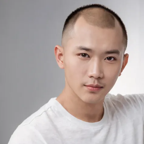 (Photo: 1.3) af (realistic: 1.3), East Asian man, ((skinhead)),soft light, clear face, front, ((white T-shirt)), cheerful, warm light, ((gray-white gradient background)),(background)) ,avatar,(,handsome,young,((avatar))