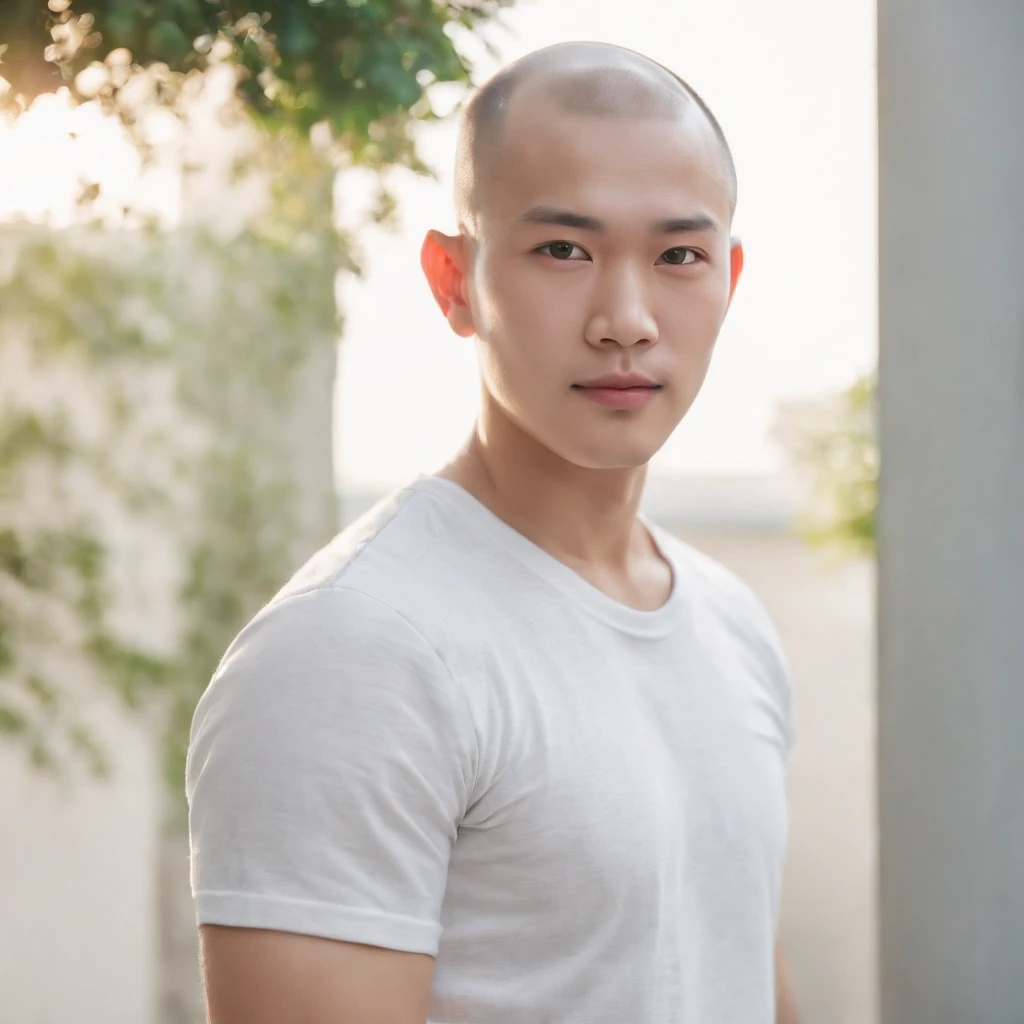 (Photo: 1.3) af (realistic: 1.3), East Asian man, ((skinhead)),soft light, clear face, front, ((white T-shirt)), cheerful, warm light, ((gray-white gradient background)),(background)) ,avatar,(,handsome,young,((avatar))