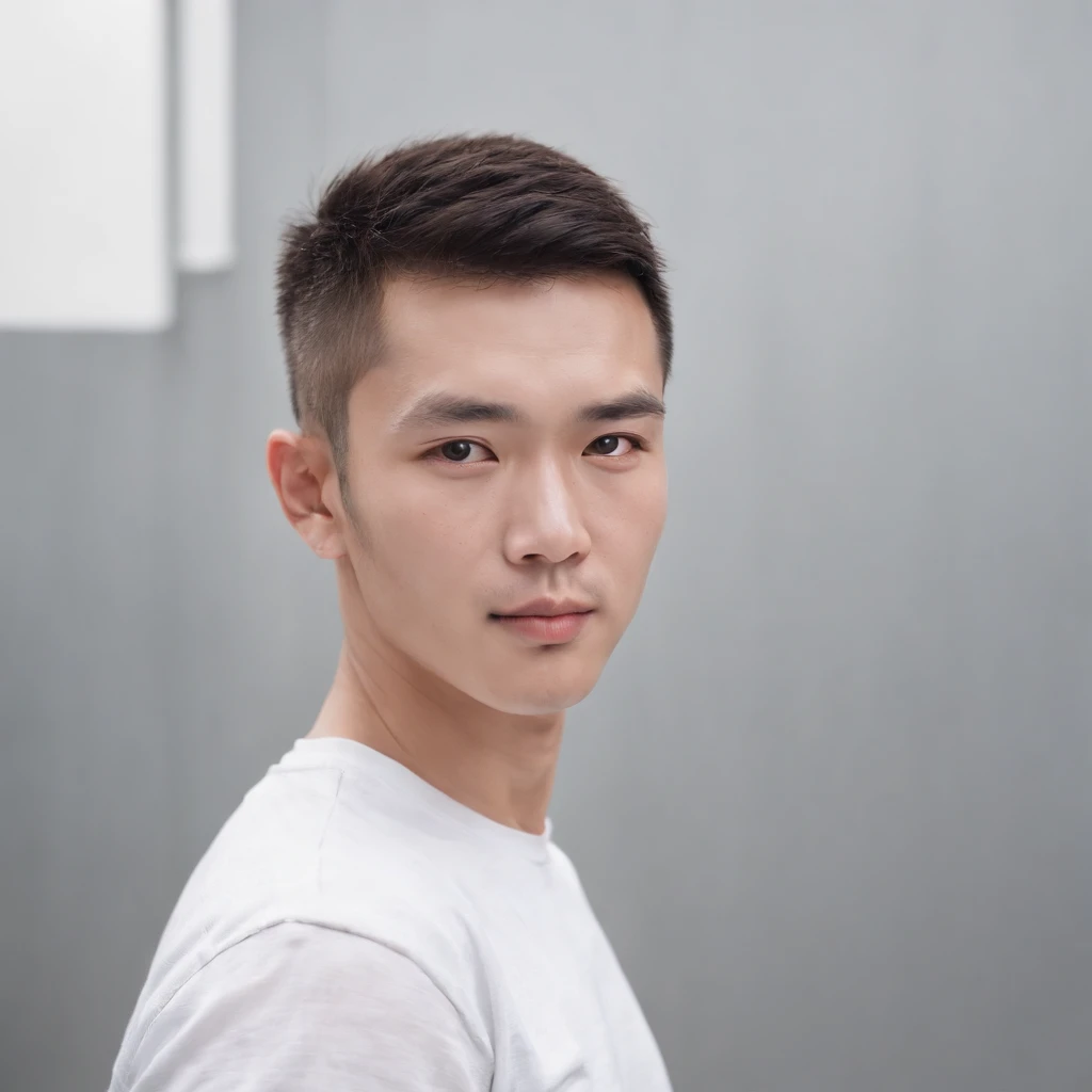 (Photo: 1.3) af (realistic: 1.3), East Asian man, ((skinhead)),soft light, clear face, front, ((white T-shirt)), cheerful, warm light, ((gray-white gradient background)),(background)) ,avatar,(,handsome,young,((avatar))