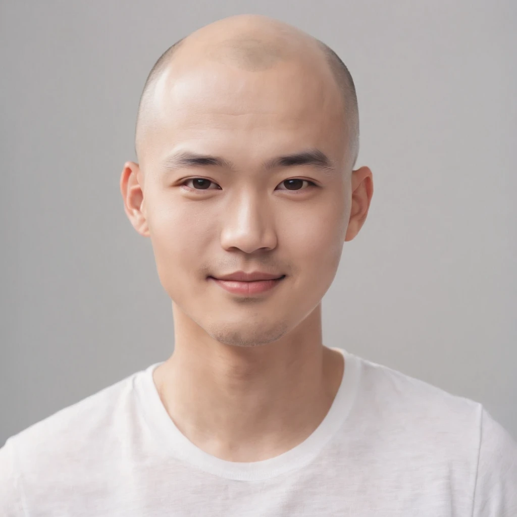 (Photo: 1.3) af (realistic: 1.3), East Asian man, ((bald)),soft light, clear face, front, ((white T-shirt)), cheerful, warm light, ((gray-white gradient background)),(background)) ,avatar,(,handsome,young,((avatar))