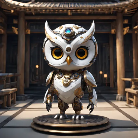 1 Cyborg Owl、solo, chibi emote, Chibi Character, Mechanical body, 3d rendered, Photon mapping, Hyper Sharp, ultra-detailliert, Oriental royal roof、