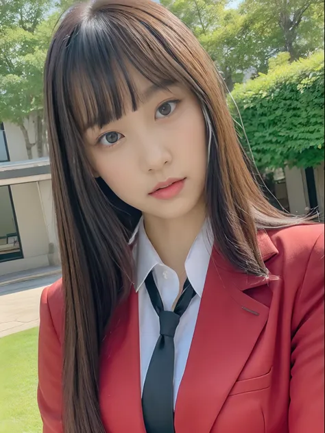 Japan school uniform, a closeup, wide angles, low angles, peitos fartos, Brown hair, looking at the viewers, portlate, 耳Nipple Ring, ear phone, hi-school girl, Fabric Pleated Skirt, neck tie, Black Suit, Red suit, a sailor suit, Posing Black Eye, Red_Lips,...