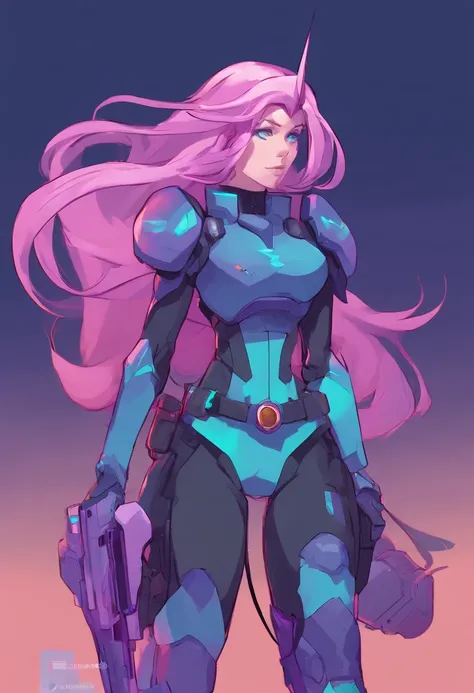 Reploid, Maverick Hunter. Long flowing lavender hair. Wearing teal visor, navy blue breastplate armor with black bodysuit underneath. Holding an electric whip in hand. Wearing a utility belt. Cel shading.