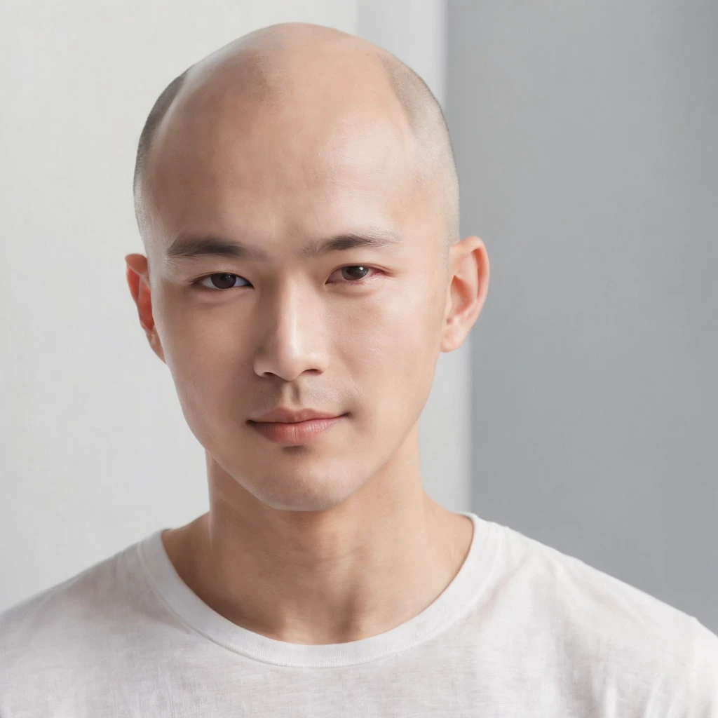 (Photo: 1.3) af (realistic: 1.3), East Asian man, ((bald)),soft light, clear face, front, ((white T-shirt)), cheerful, warm light, ((gray-white gradient background)),(background)) ,avatar,(,handsome,young,((avatar))