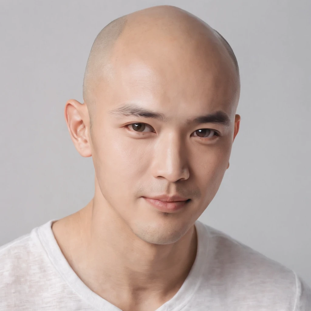 (Photo: 1.3) af (realistic: 1.3), East Asian man, ((bald)),soft light, clear face, front, ((white T-shirt)), cheerful, warm light, ((gray-white gradient background)),(background)) ,avatar,(,handsome,young,((avatar))