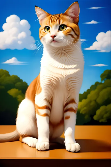 Painting of a cat sitting on a table with a sky background, Gato. pintura digital, Watercolor Painting Reply from Paints Blue Red Black Sarbpunk Digital Lovely, gato anime, gato anime realista, arte digital detalhada bonito, arte digital  camiseta vetorial...