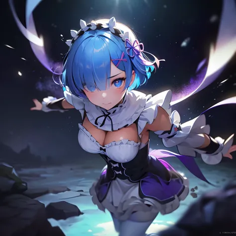 ((best quality)), ((masterpiece)), illustration, (detailed), isometric, (hexagon:1.2), (sharp:1.1), 1girl,  rem, rem (re:zero), cute, captivating pose, (light blue hair:1.1), short hair, (hair over one eye:1.1), blue eyes, medium breasts, roswaal mansion m...