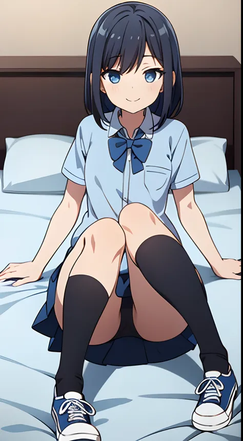 Boyish girl in blue sneakers on bed、School Uniform、skirt by the、Black spats、a smile