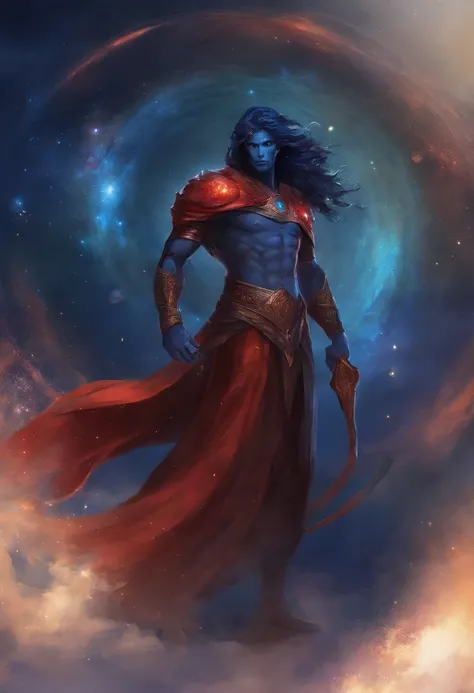 Male Celestrial humanoid with dark blue skin, long red hair, blaxk eyes, big hole in stomach with a galaxy in it