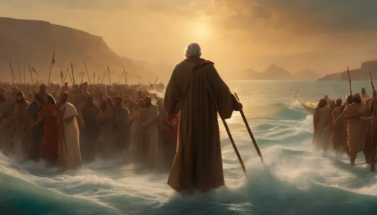 The sea splits, And a million people crossing the rift, Moses crosses the Red Sea, Crossing the sea like a land, With a lot of people, Million ,Moses holding a staff ,desert, Old gowns,,History reference,High-quality artwork and details,Realistic portrait ...