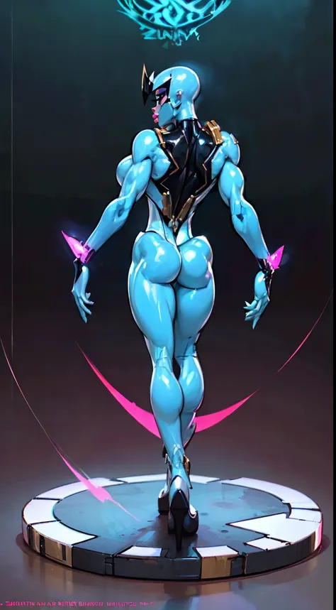 ((Radiant Aura:1.7)), 8k ((back view:1.7))((gigantic legs:1.7)) (large eyes:1.3), defined cheekbones, looking back, ((the pit style:1.4))((sleek chrome bodysuit:1.6)) ((zentai bodysuit:1.6)), ((visor))((intricate metal details:1.4))detailed face:1.5), ligh...