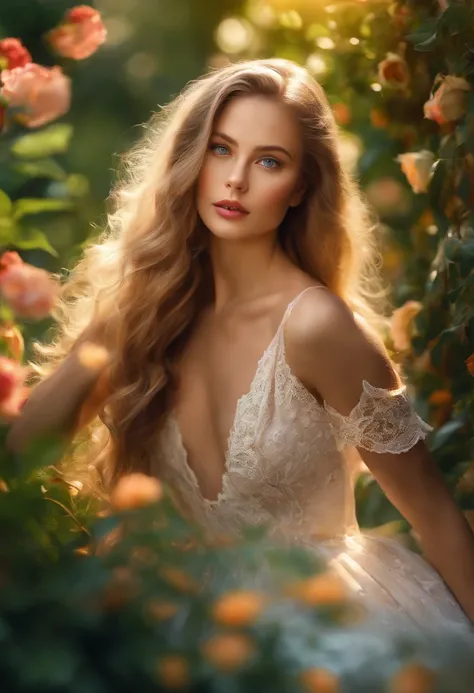 A girl with long, flowing hair (best quality, realistic:1.37), beautiful blue eyes, and luscious lips is standing in a vibrant garden. She exudes an air of confidence and sensuality, her pose suggesting a hint of seduction. The garden is filled with colorf...