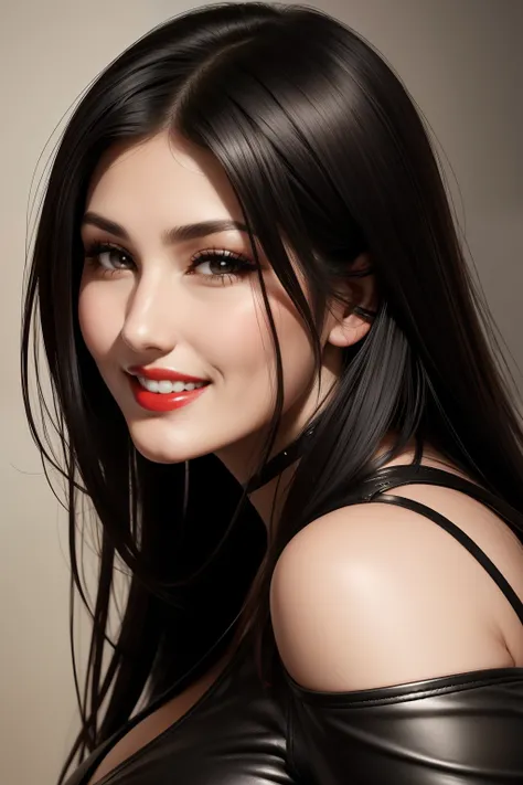 lucy pinder, face portrait, red lipstick, smiling, black hair, straight hair, leather t-shirt, chubby woman, japanese woman