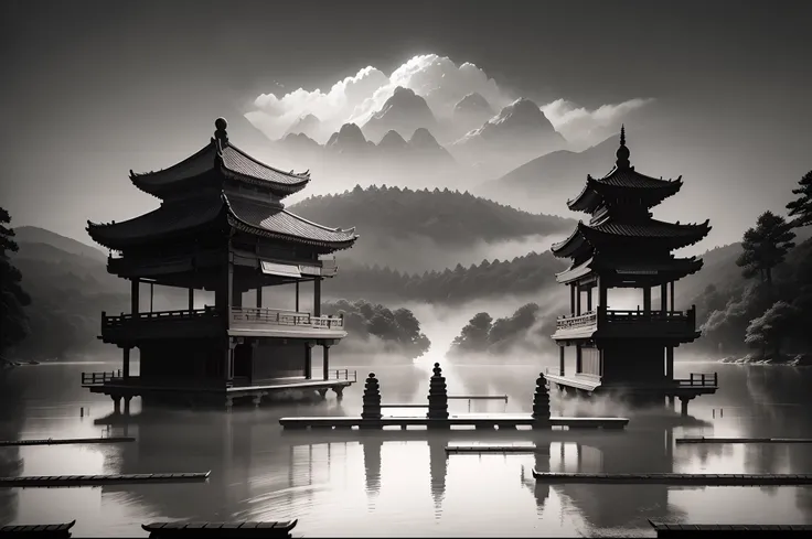 Chinese martial arts style, large area sky, ink style, outline light, atmospheric atmosphere, depth of field, mist rising, lake water, lotus flowers and leaves, small boats, pine trees, octagonal stone pavilions, arch bridges, night view,(No color)