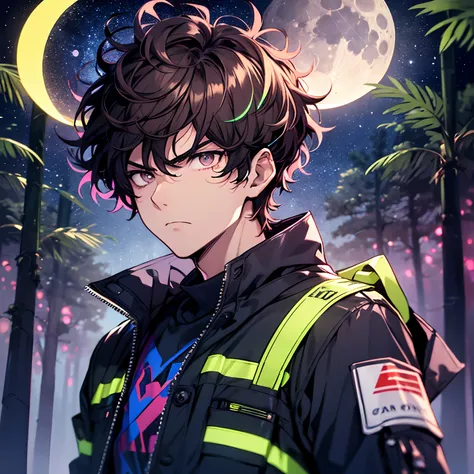 young boy, curly hair, dark brown hair, short hair, messy hair, dark brown eyes, angry expression, black aviator jacket with purple details, night forest background with the moon in the sky, ((navy neon color moon)), ((high quality)),((4k)), ((artwork))