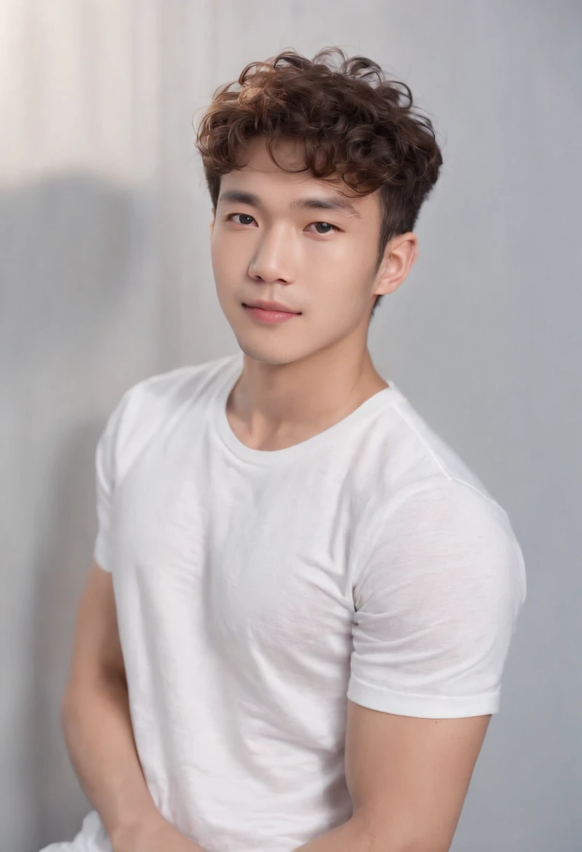 (Photo: 1.3) af (realistic: 1.3), East Asian man,curly_hair ,soft light, clear face, front, ((white T-shirt)), cheerful, warm light, ((gray-white gradient background)),(background)) ,avatar,(,handsome,young,((avatar))