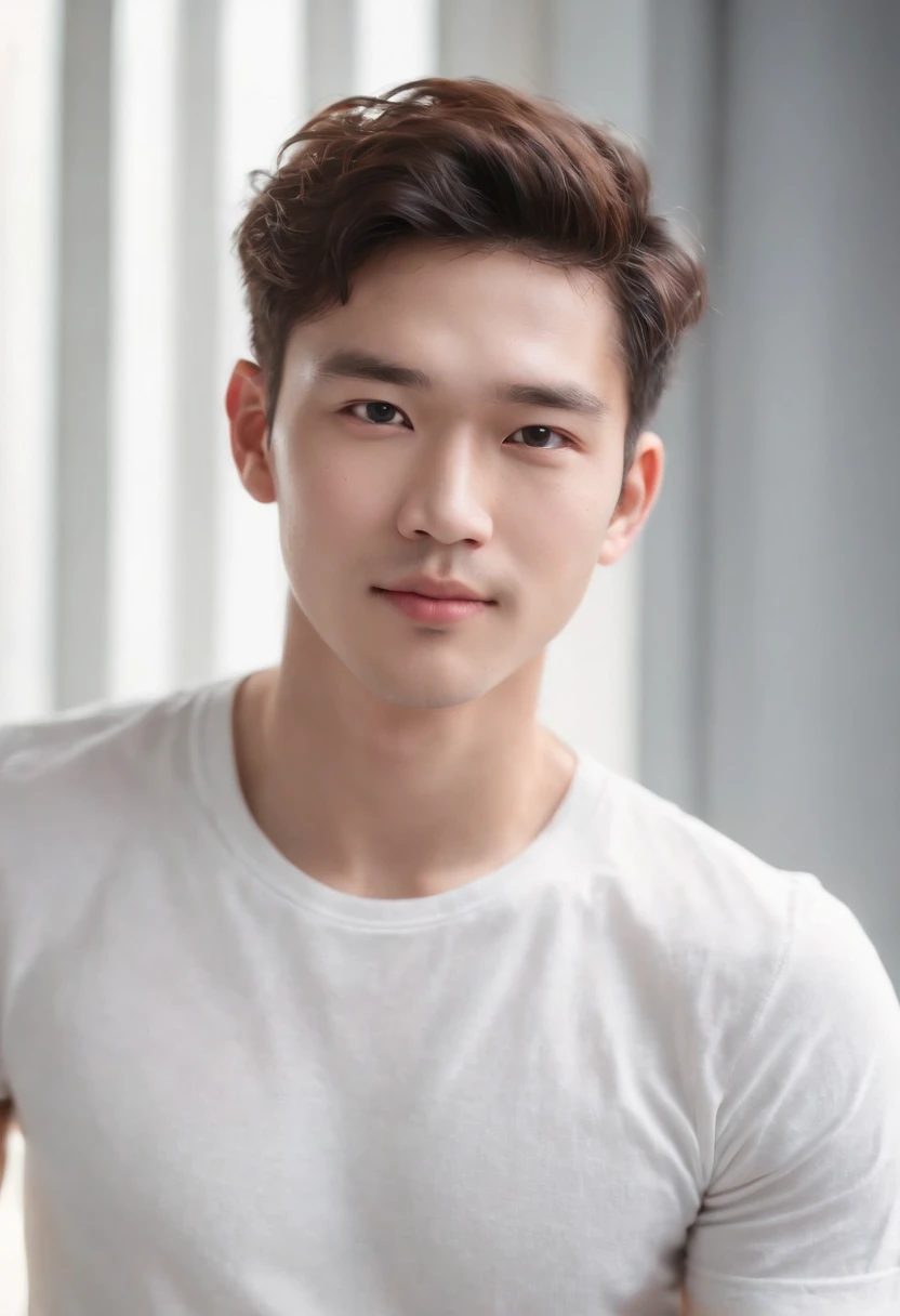 (Photo: 1.3) af (realistic: 1.3), East Asian man,curly_hair ,soft light, clear face, front, ((white T-shirt)), cheerful, warm light, ((gray-white gradient background)),(background)) ,avatar,(,handsome,young,((avatar))