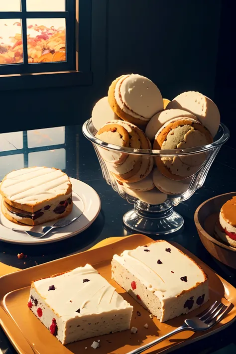 kitchen, autumn sweets, cakes, cookies, milk, halloween, wide field of view, burning clouds Best quality, 8k, perspective, depth of field, high resolution, fine detail, ultra detail, sharp focus, colorful