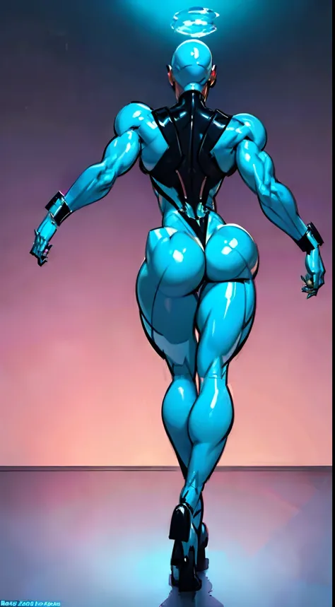 ((Radiant Aura:1.7)), 8k ((back view:1.7))((gigantic thighs:1.8)) (gigantic ass:1.4),(large eyes:1.3), defined cheekbones, looking back, ((the pit style:1.4))((sleek chrome bodysuit:1.6)) ((zentai bodysuit:1.6)), ((visor))((intricate metal details:1.4))det...