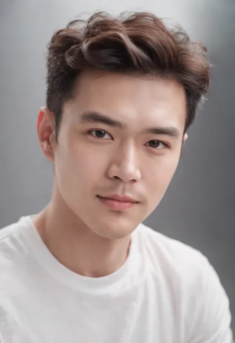 (Photo: 1.3) af (realistic: 1.3), East Asian man,curly_hair ,soft light, clear face, front, ((white T-shirt)), cheerful, warm light, ((gray-white gradient background)),(background)) ,avatar,(,handsome,young,((avatar))