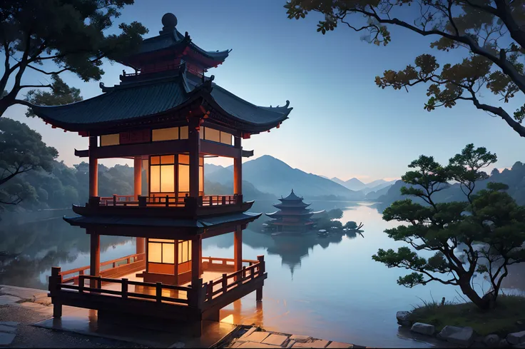 Chinese martial arts style, large area sky, ink style, outline light, atmospheric atmosphere, depth of field, mist rising, lake water, lotus flowers and leaves, small boats, pine trees, octagonal stone pavilions, arch bridges, night view, full color