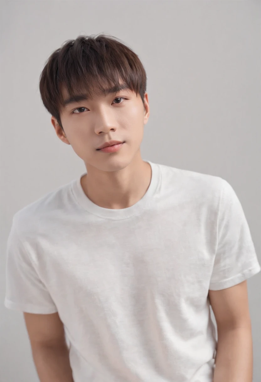 (Photo: 1.3) af (realistic: 1.3), East Asian man,bowl cut,soft light, clear face, front, ((white T-shirt)), cheerful, warm light, ((gray-white gradient background)),(background)) ,avatar,(,handsome,young,((avatar))