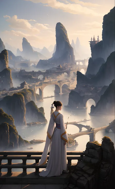 Painting a woman in a white dress standing on a bridge, ross tran. scenery background, beautiful concept art, by Raymond Han, author：Raphael Lacoste, Estilo de Raphael Lacoste, by Bayard Wu, Palace ， A girl in Hanfu, concept-art | feng zhu, elegant cinemat...