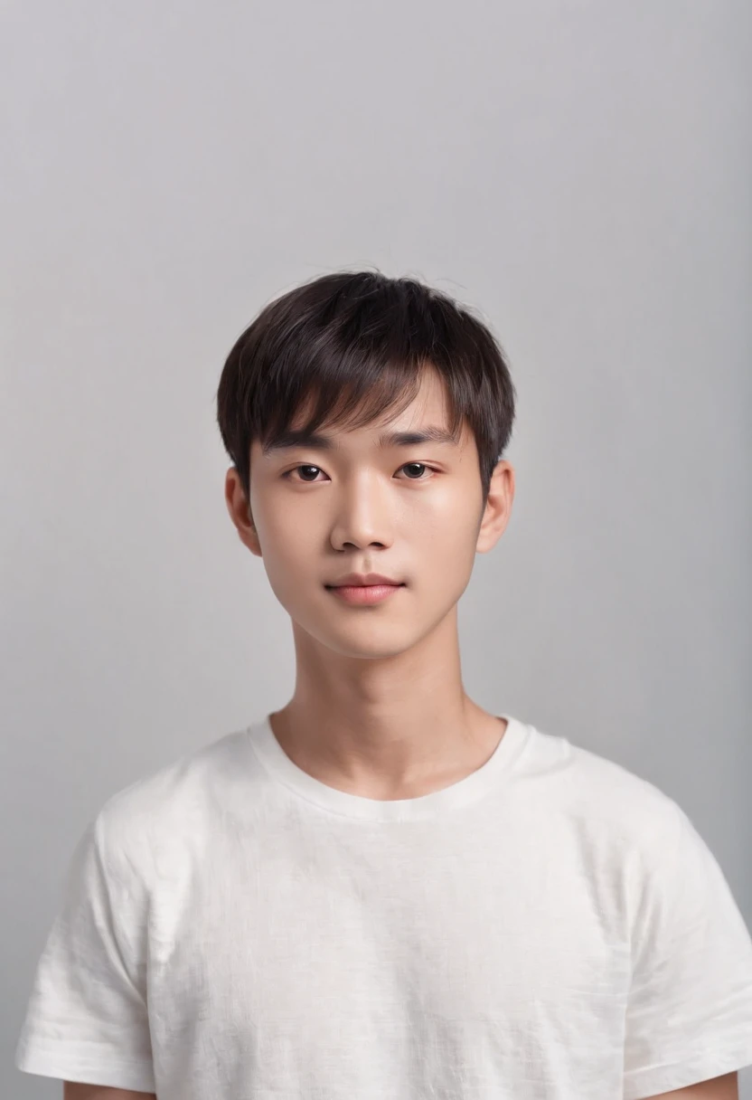 (Photo: 1.3) af (realistic: 1.3), East Asian man,bowl cut,soft light, clear face, front, ((white T-shirt)), cheerful, warm light, ((gray-white gradient background)),(background)) ,avatar,(,handsome,young,((avatar))