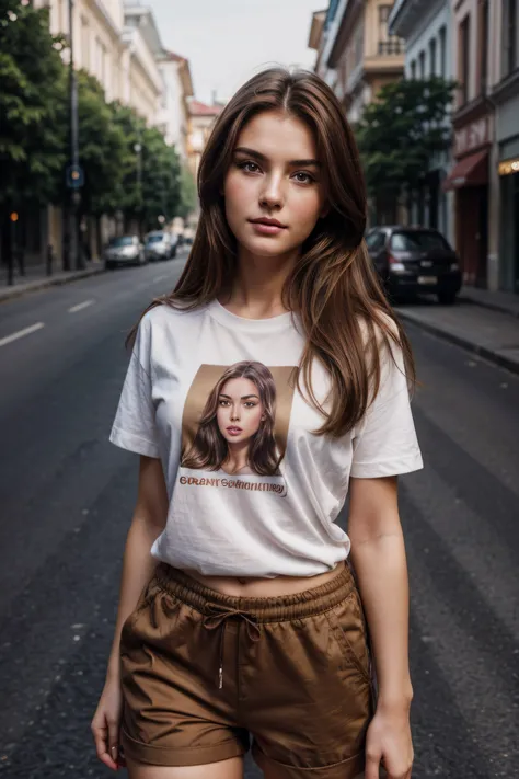 Portrait of 25yo woman, brown hair, wearing T-Shirt and short pant, perfect eyebrow, perfect lips, perfect nose, professional color graded, wonderful woman, cute russian woman, sharp focus, long hair, street view, natural skin sharp features, model, full b...