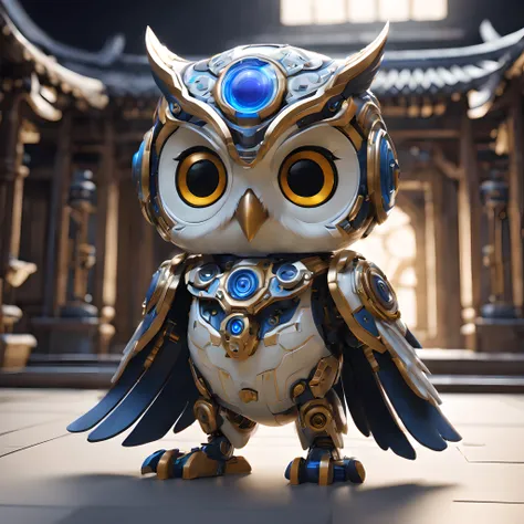 1 cyborg owl、solo, chibi emote, chibi character, mechanical body, 3d rendered, photon mapping, hyper sharp, ultra-detailliert, o...